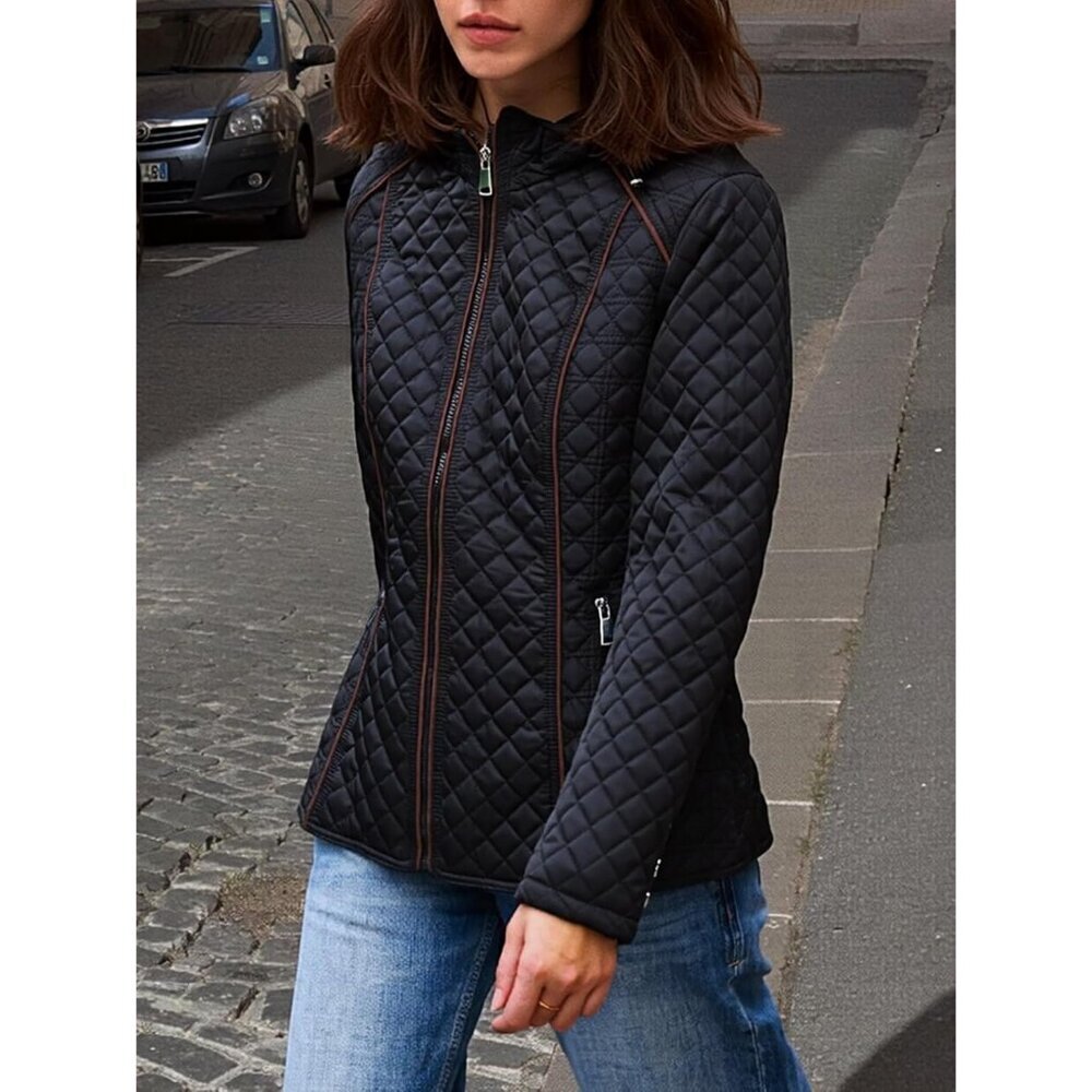 Women Black Hood Quilted Puffer Jacket Long Sleeve Short Coat Zip Up Pockets - Picture 3 of 6